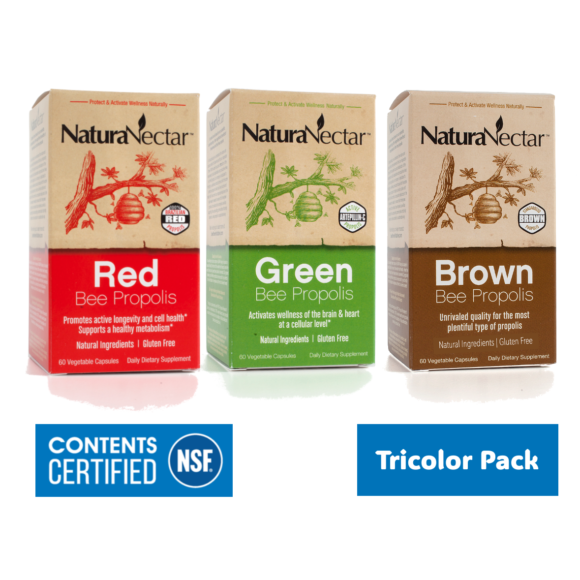 NaturaNectar TRI-COLOR Propolis BUNDLE – A savings pack with NaturaNectar Red, Green and Brown Bee Propolis